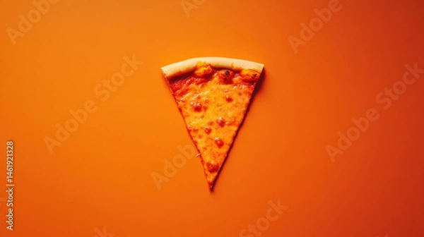 Fototapeta A single slice of cheesy pizza on a bright orange background, highlighting its delicious toppings and crust.