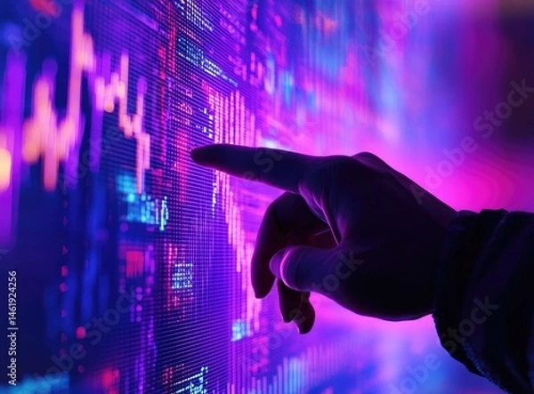 Fototapeta A hand pointing at a vibrant digital display of data and graphs, illustrating technology and analytics.