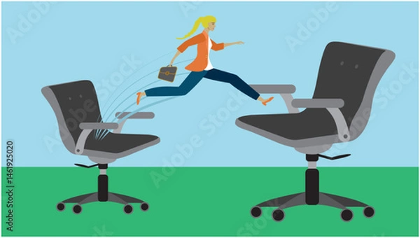 Obraz Woman taking a big jump in career. New and better job and promotion. One chair bigger than the other. Jumping to new life and position. Dimension 16:9. Vector illustration.