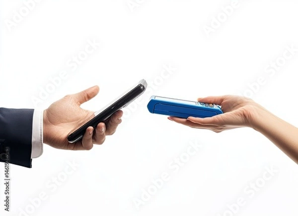 Fototapeta A hand transfers a smartphone to another hand holding a blue device, suggesting a transaction or exchange.