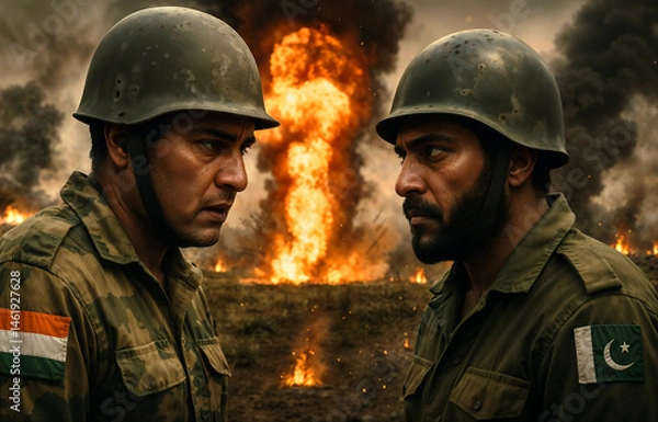 Fototapeta Indian and Pakistani soldiers face off in tense confrontation with fiery explosion burning in background. Military helmets and uniforms display their opposing loyalties amid battlefield 