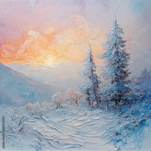 Fototapeta A tranquil winter landscape at dawn, featuring snow-covered trees and a pastel sky illuminated by the rising sun.