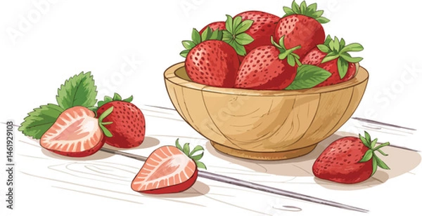 Fototapeta Strawberry vector design, Strawberries in wooden bowl on table in white background vector design