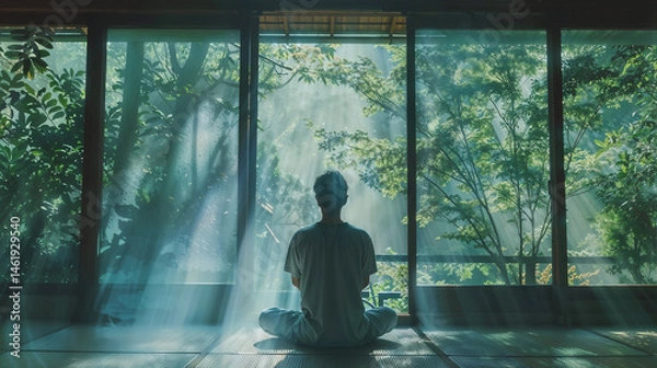 Fototapeta Person meditating in lotus position facing large windows with sunbeams streaming through lush green foliage. Natural light with ethereal atmosphere in minimalist tatami room, with peacece and calm