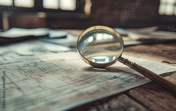 Fototapeta A magnifying glass rests on detailed blueprints scattered on a wooden table, suggesting investigation or analysis.