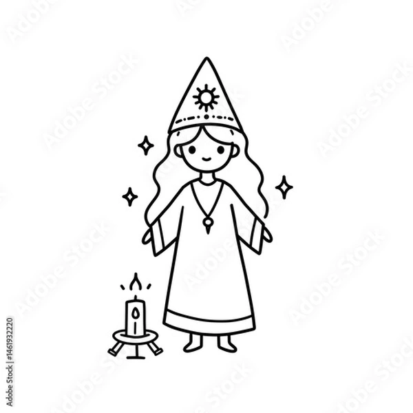 Fototapeta Young girl dressed as a witch with a pointed hat and candle, celebrating magic, on a white background