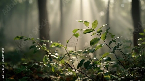 Fototapeta An early morning forest bathed in mist, with fresh green leaves glowing in the soft sunrise light. Sunbeams cut through the haze 