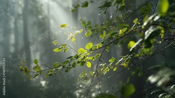 Fototapeta An early morning forest bathed in mist, with fresh green leaves glowing in the soft sunrise light. Sunbeams cut through the haze 