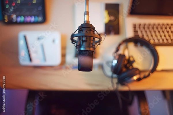 Fototapeta A close-up image shows a microphone in a home studio setting. Headphones, a laptop, and other audio equipment are visible in the background.