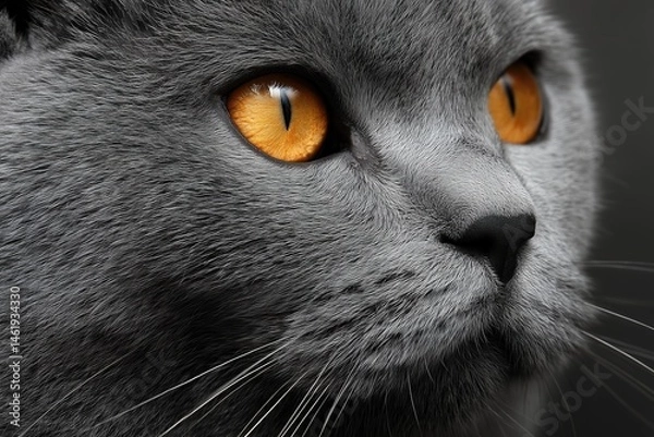 Fototapeta British Shorthair cat with gray fur and golden eyes, a close-up 