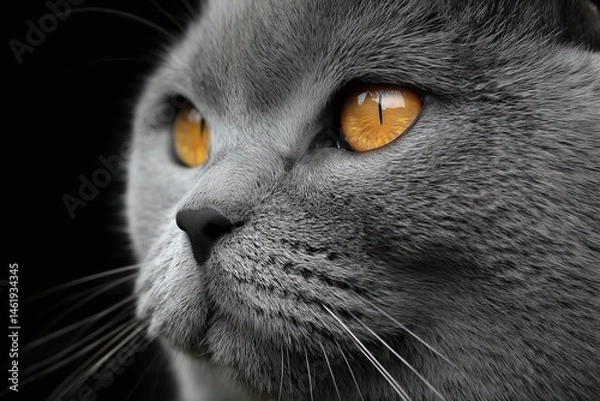 Fototapeta British Shorthair cat with gray fur and golden eyes, a close-up 