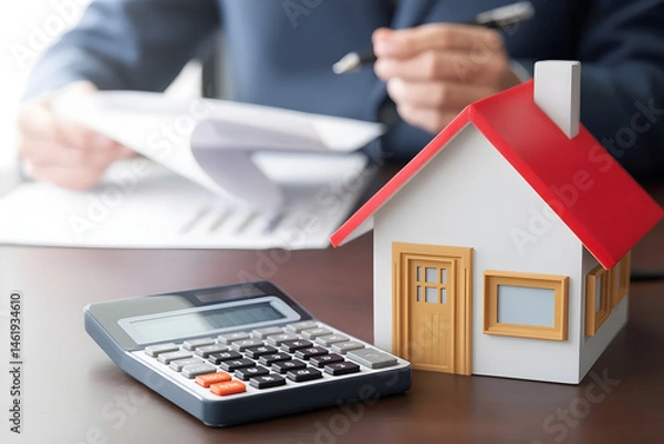 Fototapeta 3d render, detailed model, realistic image, small red house model, calculator, financial documents, hands holding pen, office desk with laptop, professional business concept, analytical data, real est