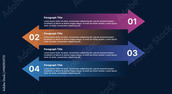 Fototapeta Horizontal arrow infographic with four colorful steps and gradient sections for process or timeline visualization.