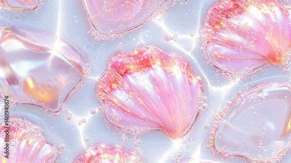 Fototapeta A mesmerizing array of translucent pink shells surrounded by sparkling bubbles in a luminous, watery setting.