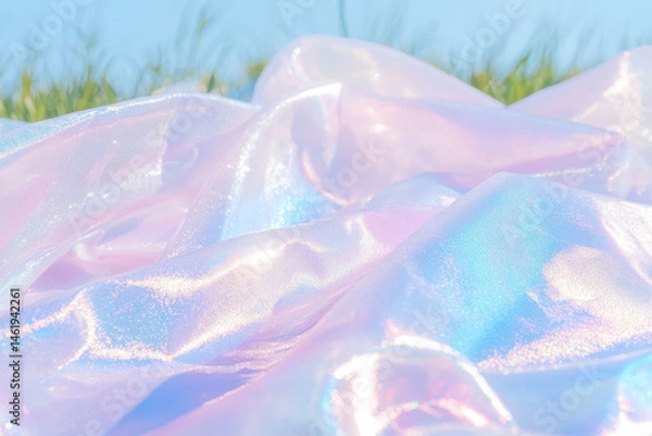 Fototapeta A shimmering iridescent fabric glistens under a bright blue sky, surrounded by soft green grass.