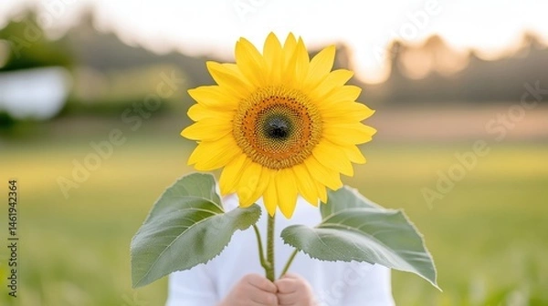 Fototapeta A child holds a sunflower in a field.  Bright yellow flower, green leaves, soft sunlight