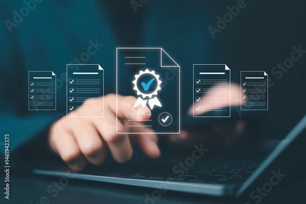 Fototapeta Optimized workflow management through digital quality checklists. Verification processes, business audits, and certified document control to enhance operational standards and productivity.