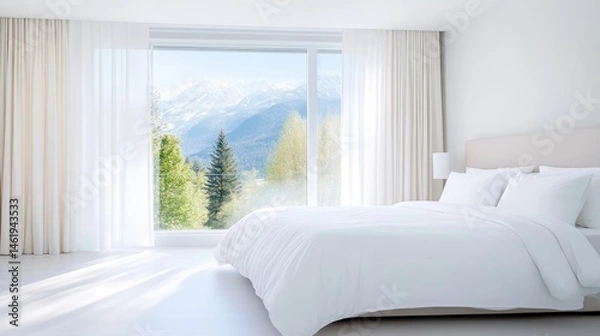 Fototapeta Modern bedroom with mountain views.  Spacious, bright, and minimalist bedroom boasts large windows showcasing a picturesque mountain vista.  White linens and walls create a serene and airy ambiance