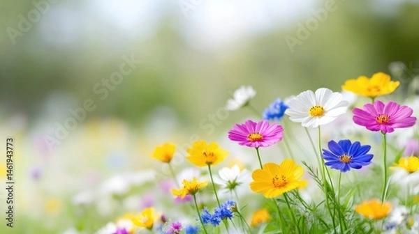 Fototapeta Wildflowers Blooming Meadow Soft Focus Vibrant Colors Landscape Springtime Delight Peaceful Nature Scene Bright Floral Spring Greeting Card with additional context for stock use