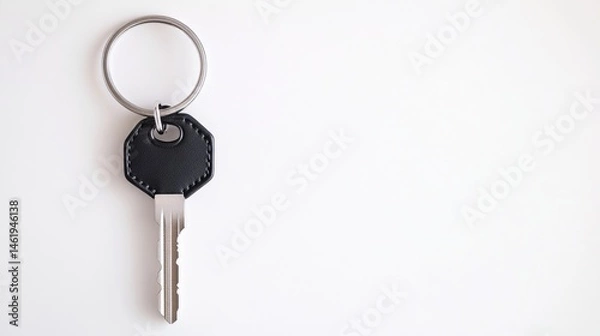 Fototapeta A single key on a keyring with a black cover hanging against a plain white background, minimalist composition, and close-up shot.