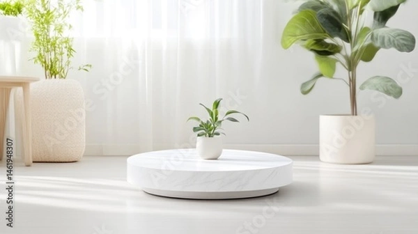 Fototapeta A small potted plant sitting on a round white coffee table in a minimalist living room, with large green plants in the background, and bright and airy atmosphere.