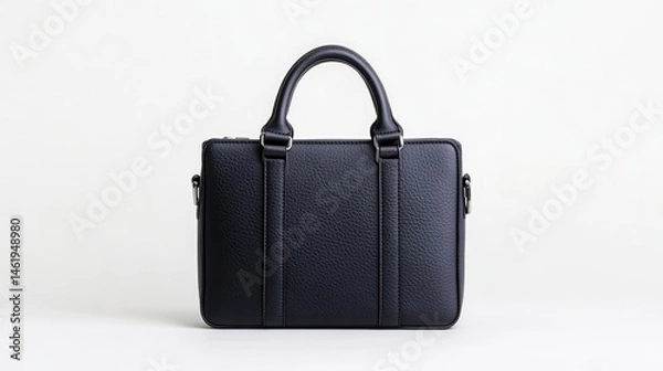 Fototapeta A sleek black leather briefcase standing upright on a white background, minimalist composition with soft lighting, and professional business accessory.