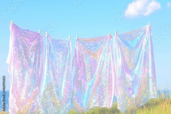 Fototapeta Vibrant iridescent fabrics flutter against a bright blue sky, exuding a dreamy seaside ambiance.