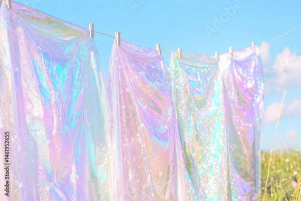 Fototapeta Shimmering iridescent fabrics hang on a clothesline, reflecting sunlight under a clear blue sky.