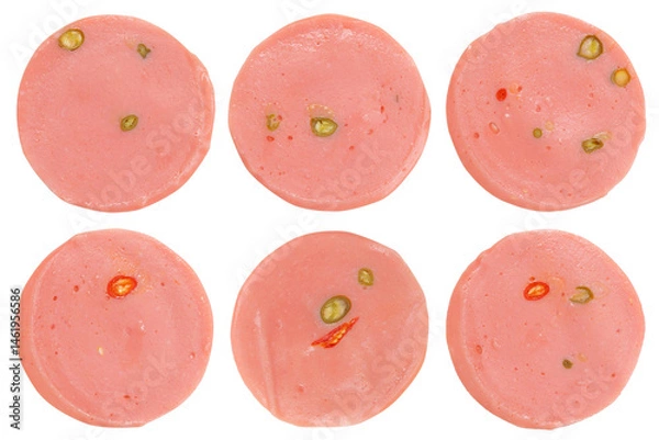 Fototapeta Set of bologna sausages stuffed with chili isolated on transparent background. Top view  