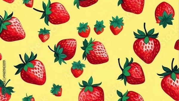 Fototapeta strawberry pattern on yellow plain background, abstract illustration design seamless