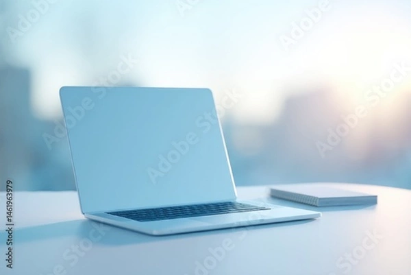 Obraz clear desk with laptop and notepad symbolizing technical hard skills in background soft light blurred image of person