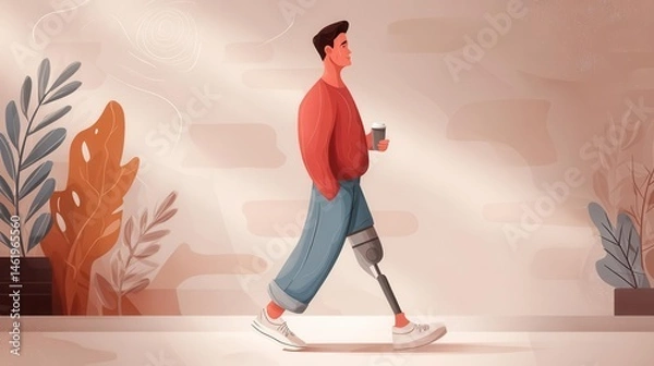 Obraz Man walking with prosthetic leg in contemporary illustration style