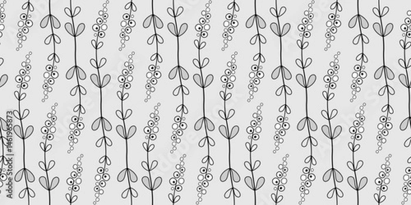 Fototapeta Long curved fantasy flowers with clear black contour. Floral monochrome diagonal seamless pattern in country style. Light decorative plant ornament on gray background. Cute childish plant design.