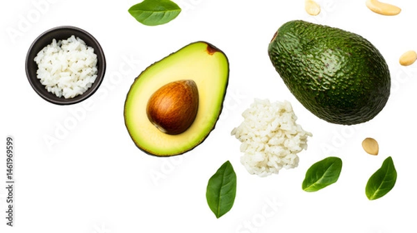 Obraz Fresh avocado with rice and greens on transparent background