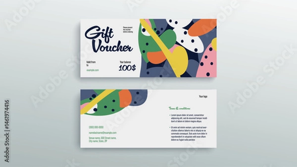 Fototapeta Abstract gift voucher card template. Modern discount coupon or certificate layout with geometric shape pattern. Vector fashion bright background design with information sample text.