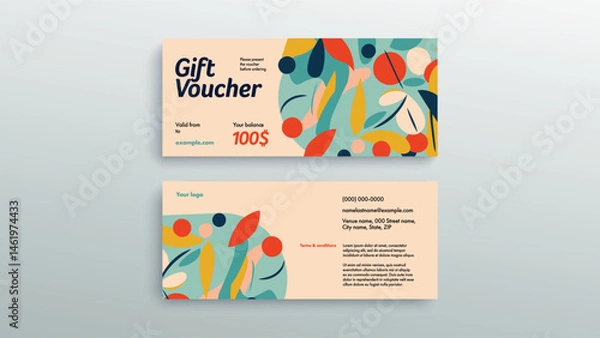 Fototapeta Abstract gift voucher card template. Modern discount coupon or certificate layout with geometric shape pattern. Vector fashion bright background design with information sample text.