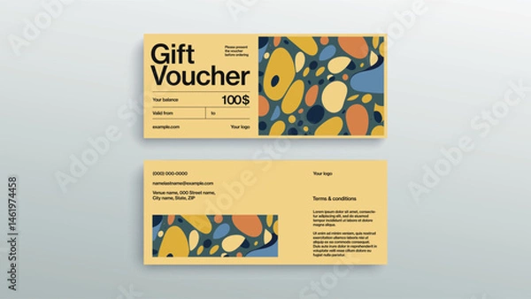 Fototapeta Abstract gift voucher card template. Modern discount coupon or certificate layout with geometric shape pattern. Vector fashion bright background design with information sample text