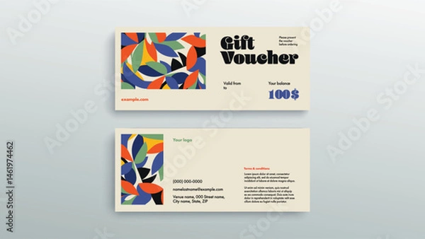 Fototapeta Abstract gift voucher card template. Modern discount coupon or certificate layout with geometric shape pattern. Vector fashion bright background design with information sample text.