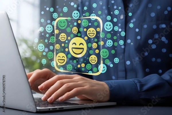 Fototapeta A person types on a laptop. Digital emoji and speech bubble icons float above, suggesting online happiness.