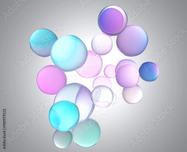 Fototapeta A lucid 3D composition of iridescent pastel bubbles, combining luxury skincare, futuristic technology, and fantasy art aesthetics—perfect for packaging, editorial design, or online visual storytelling
