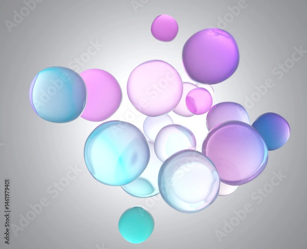 Fototapeta A lucid 3D composition of iridescent pastel bubbles, combining luxury skincare, futuristic technology, and fantasy art aesthetics—perfect for packaging, editorial design, or online visual storytelling