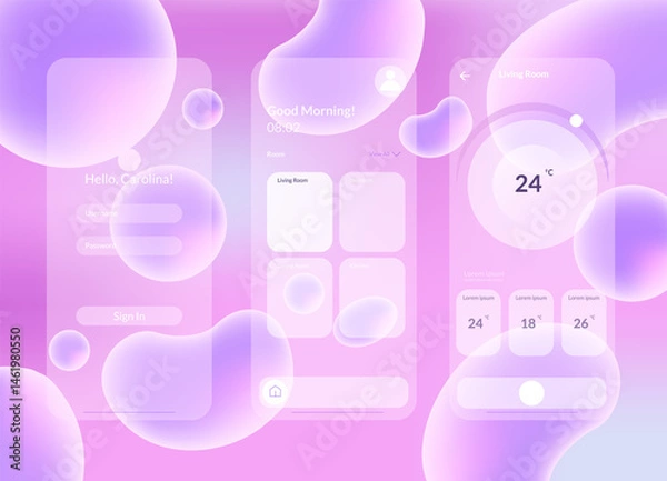 Obraz Futuristic transparent app UI with purple gradient and bubbles for a visually appealing user experience