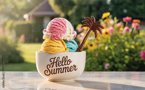 Obraz Ice cream and chocolate palm tree in a bowl. The bowl features the text "Hello Summer". Home garden background. Summertime, summer food concept.	