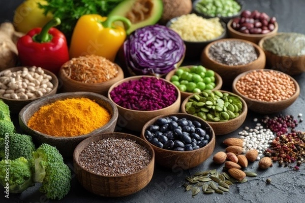 Obraz A vibrant array of healthy foods, showcasing a diverse range of colors and textures.