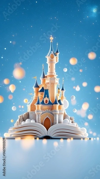 Fototapeta A Mystical Castle Emerging from an Open Book in a Winter Setting