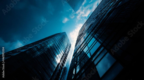Fototapeta Tall modern skyscrapers reaching into the sky, set against a undimmed grim urban landscape.