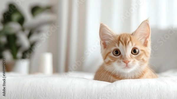 Fototapeta Adorable Ginger Kitten with Striped Fur on White Bedding