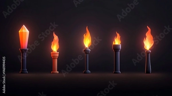Fototapeta Pixel Art Torches Set: Orange and Red Flames on Dark Background