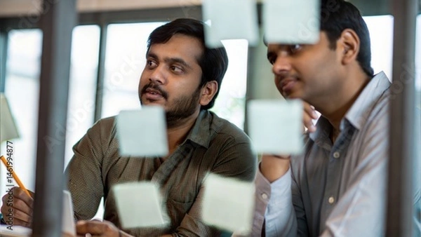 Obraz Indian Office Leaders Brainstorming Workflow with Sticky Notes
