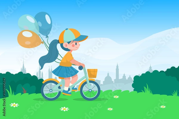Obraz Girl woman child rides a bicycle with colorful balloons on green grass. Cycling.
